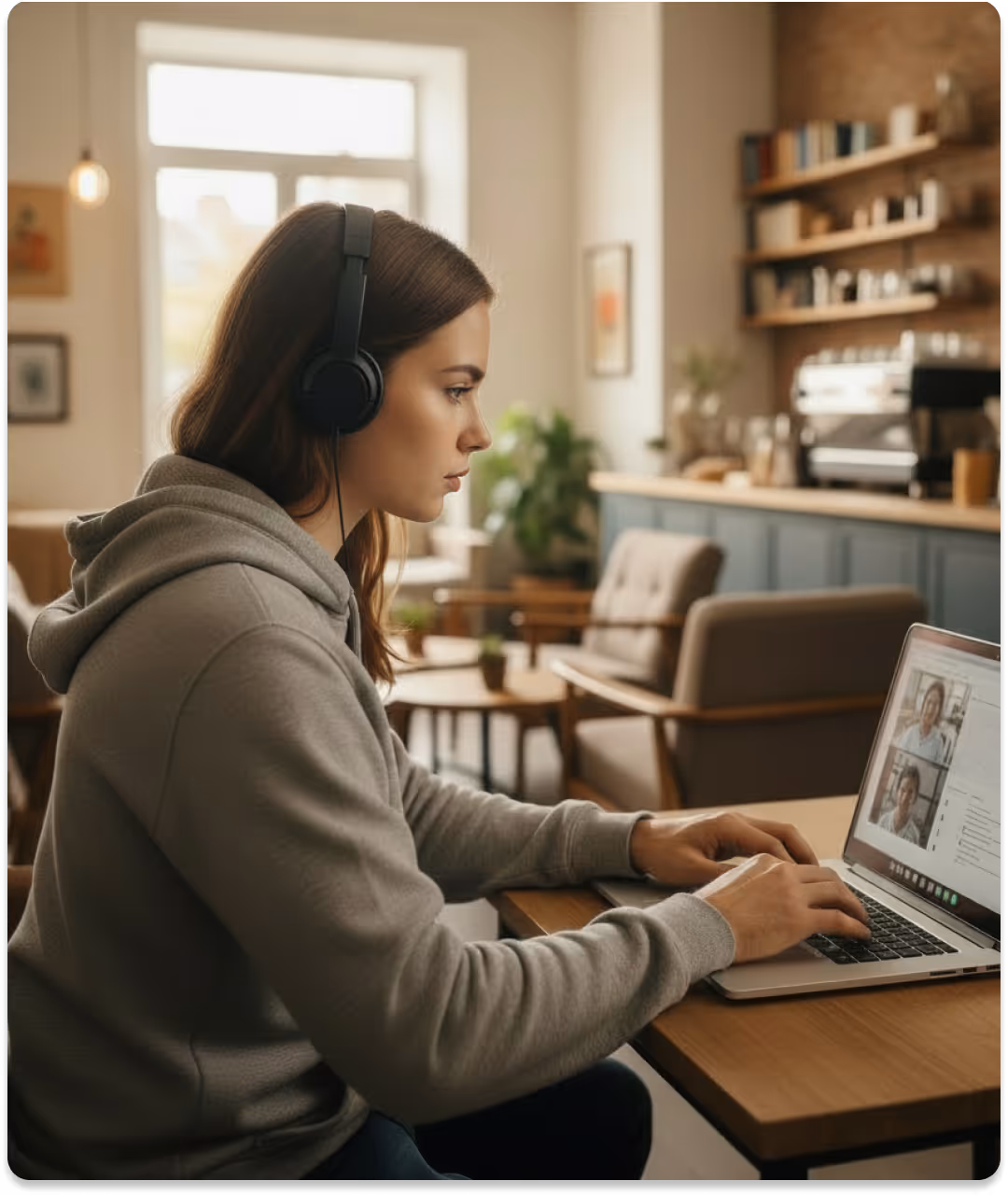 Woman with headphones using a laptop for a video call in a cozy modern café setting.