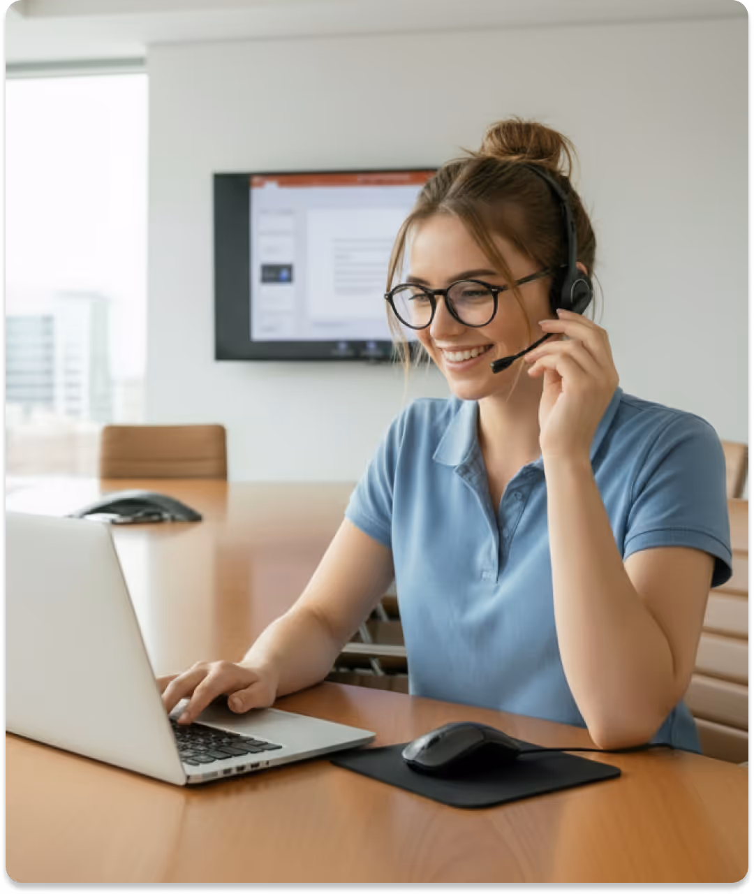 Woman wearing headset and glasses working on laptop at a conference table in an office.