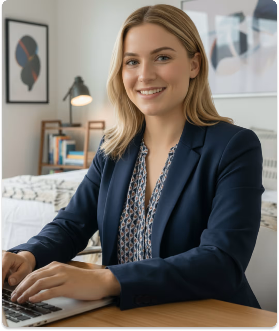 Smiling woman in a navy blazer typing on a laptop at a wooden desk in a cozy room.