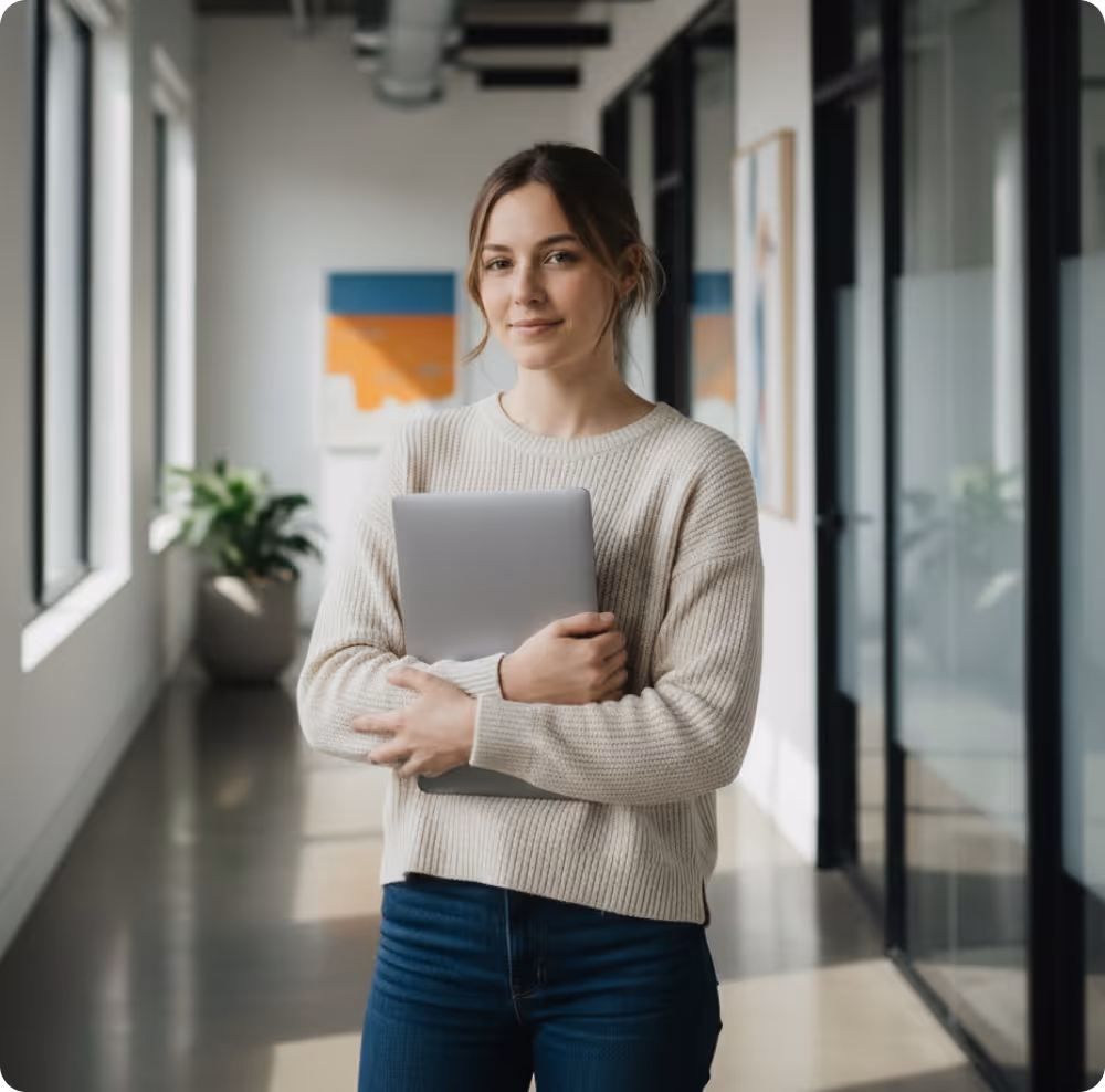 Young woman in sweater holding a closed laptop standing in a bright modern office corridor.