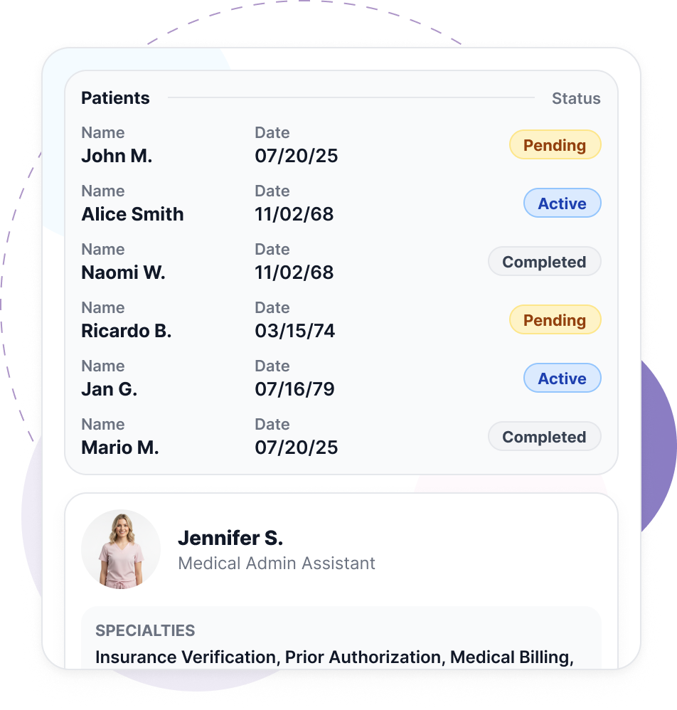 Patient list table with names, dates, and status labels including Pending, Active, and Completed.