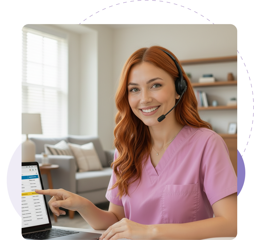 Smiling woman in pink scrubs wearing headset points at laptop screen with data tables.