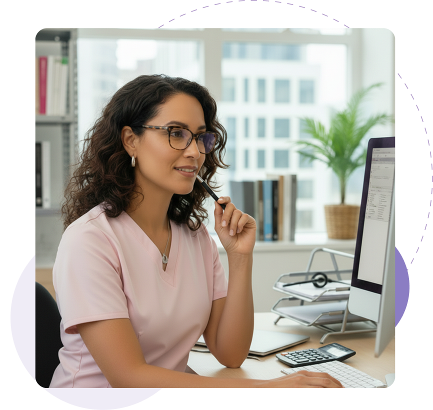Smiling woman in pink scrubs wearing headset points at laptop screen with data tables.