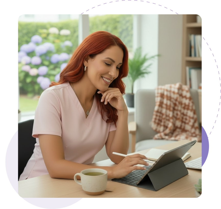 Smiling woman in pink scrubs wearing headset points at laptop screen with data tables.
