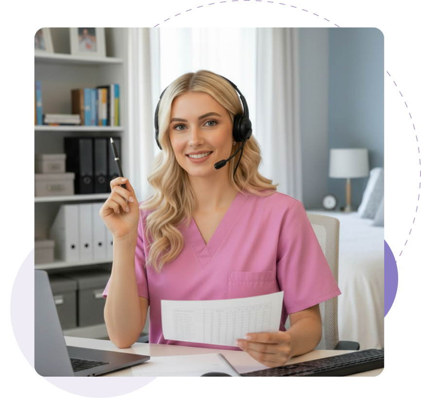 Smiling woman in pink scrubs with headset holds pen and paper in home office setting.