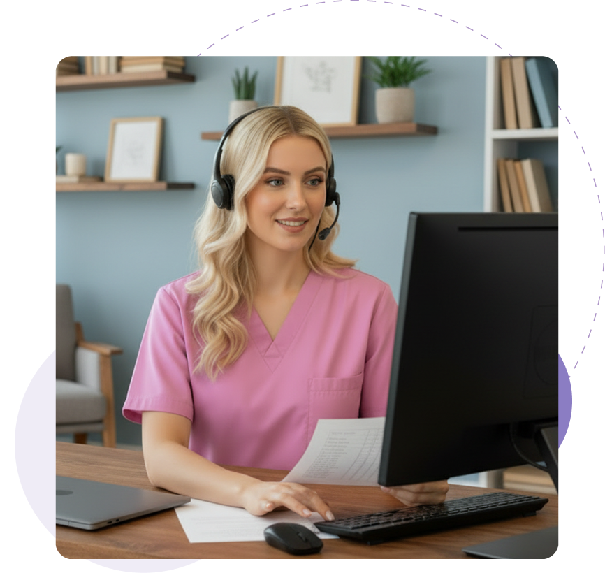 Female healthcare worker in pink scrubs wearing a headset while working on a computer.