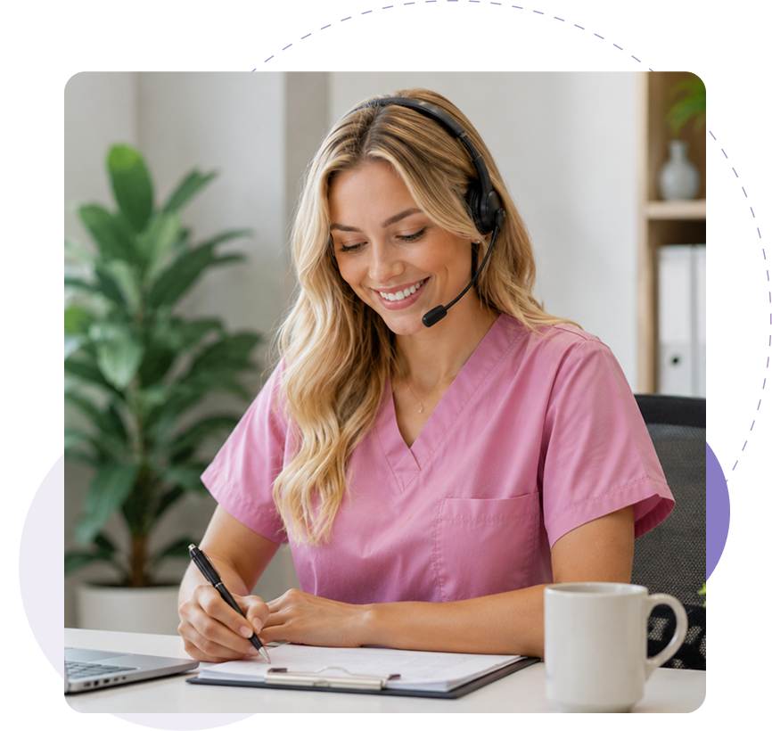 Smiling woman in pink scrubs wearing headset, writing on a clipboard at her desk with a laptop and mug nearby.