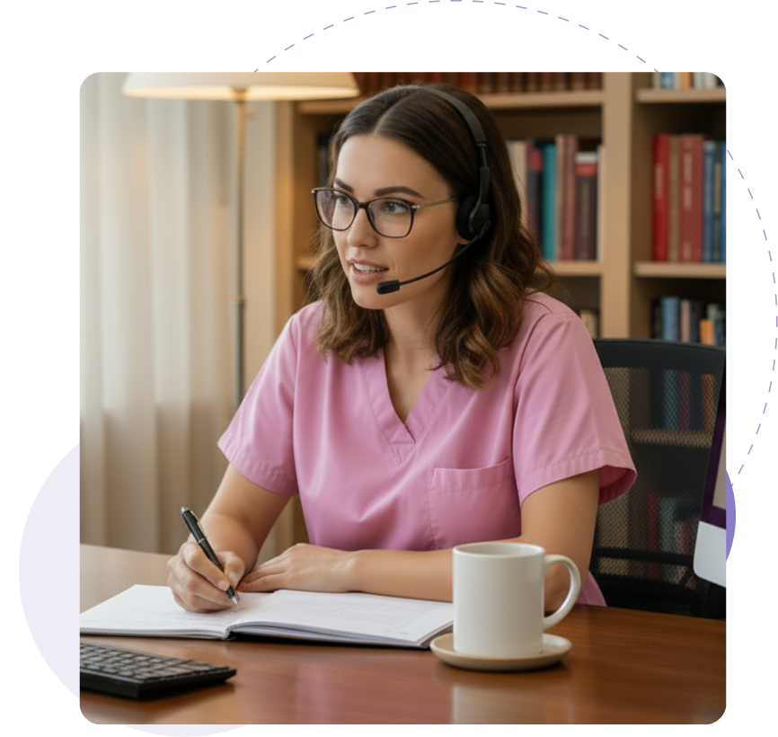 Woman in pink scrubs wearing headset, writing in notebook at desk with coffee cup and calculator nearby.