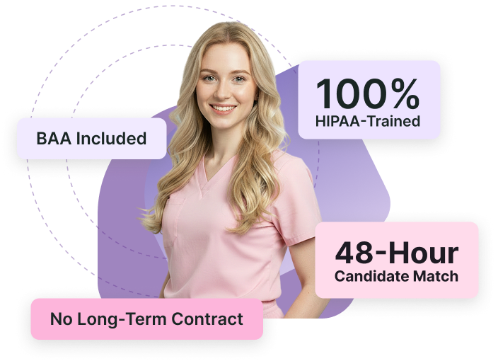 Smiling blonde woman in pink scrubs with text 24/7 Coverage, EMR Integration, and Fully Vetted.