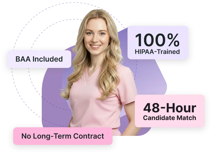 Smiling blonde woman in pink scrubs with text 24/7 Coverage, EMR Integration, and Fully Vetted.