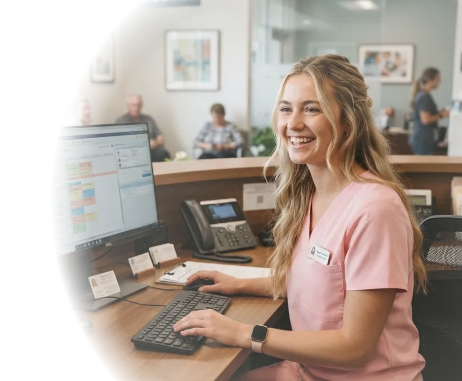 Smiling woman in pink scrubs working on a laptop at a desk with a mug and small plant.