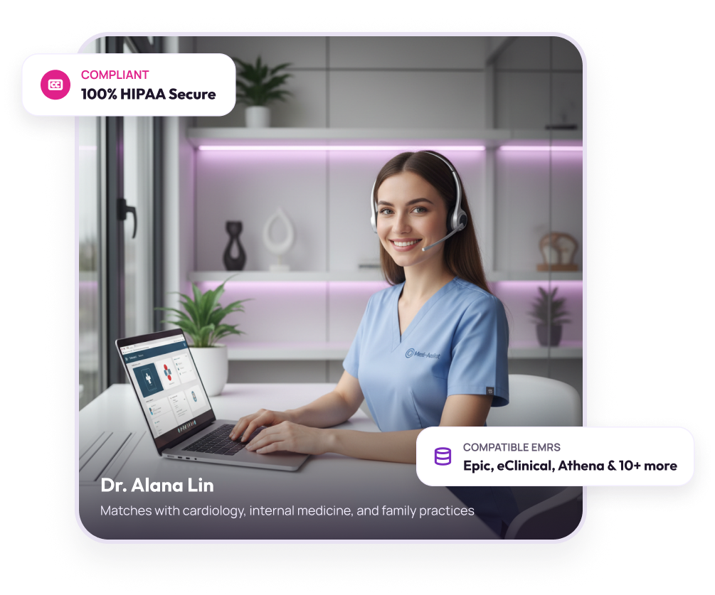Smiling woman in pink scrubs with headset waving during a video call on a laptop in a living room.