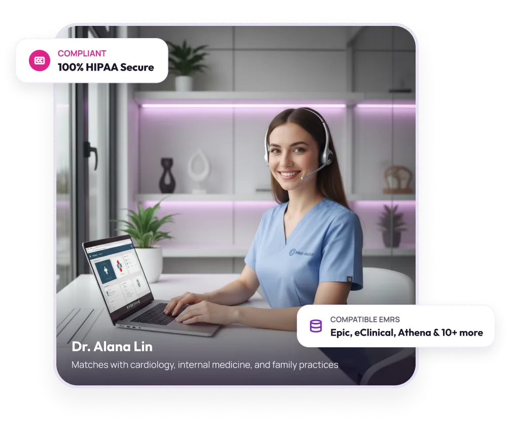 Smiling woman in pink scrubs with headset waving during a video call on a laptop in a living room.
