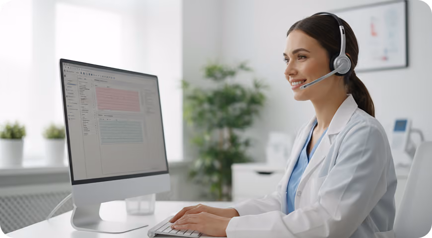 Female doctor in a white coat and headset working on a computer in a bright modern office.