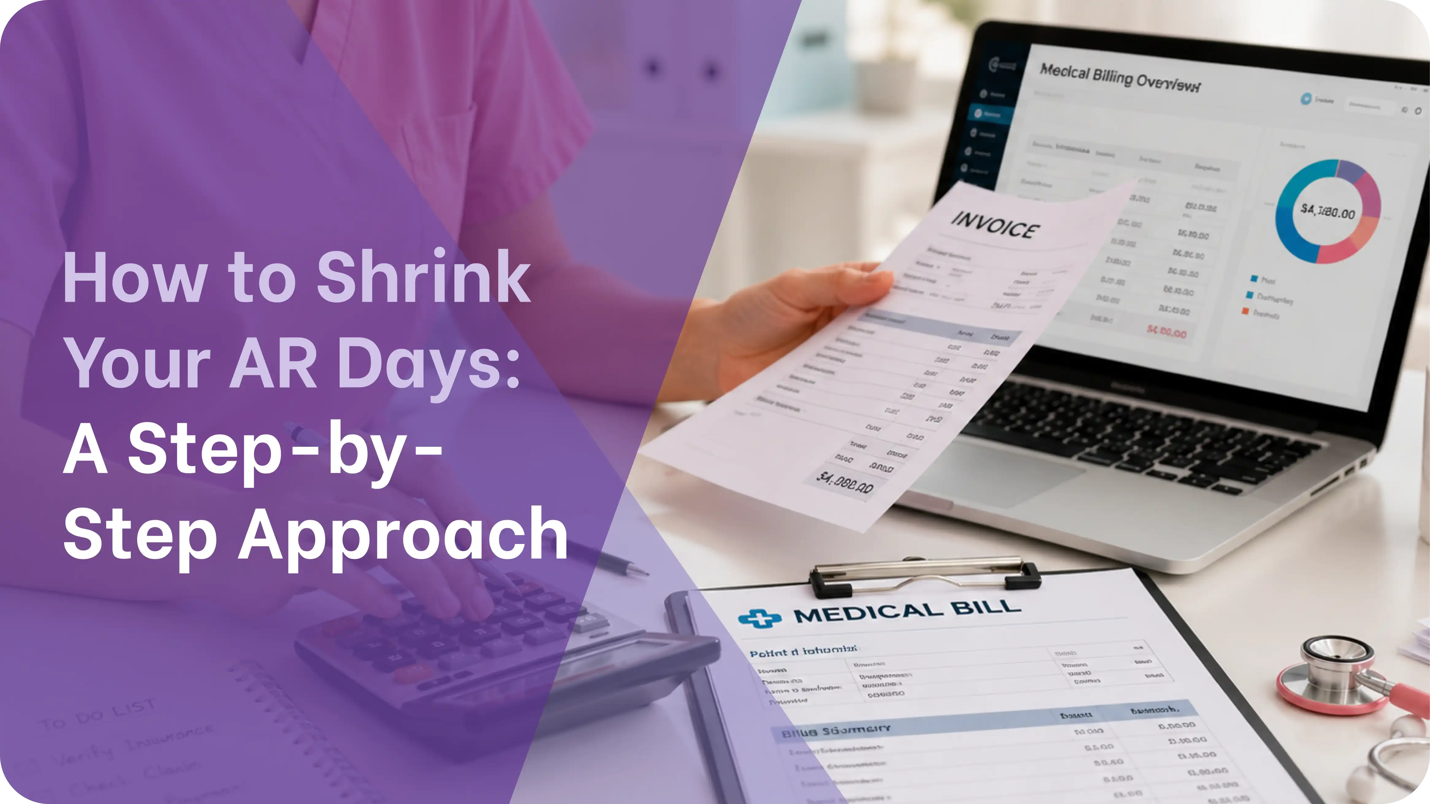 Healthcare professional in scrubs reviewing an invoice next to a laptop displaying a medical billing overview dashboard to reduce accounts receivable days in medical billing