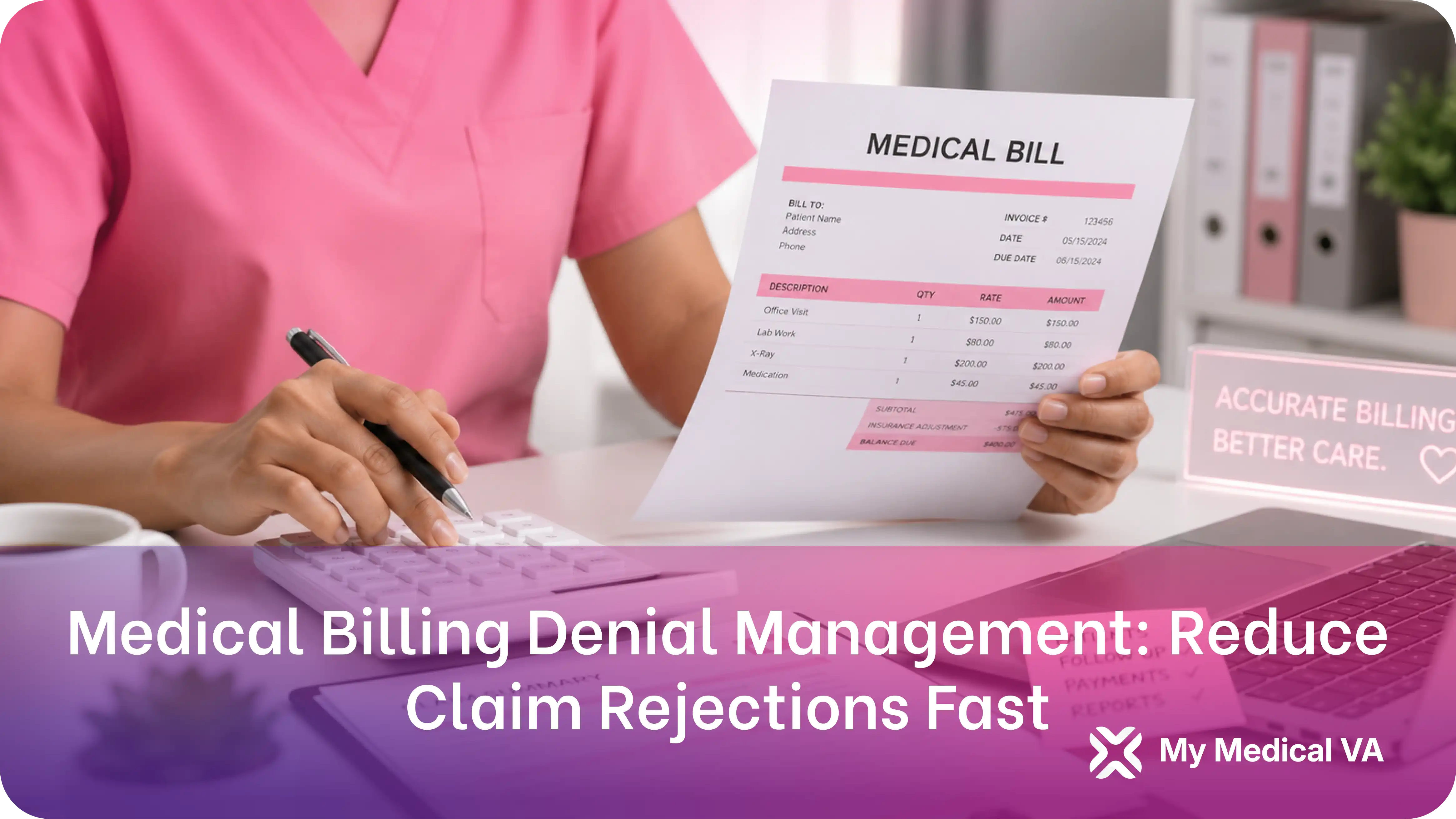 Billing staff member in pink scrubs holding a detailed medical bill while entering figures at a calculator