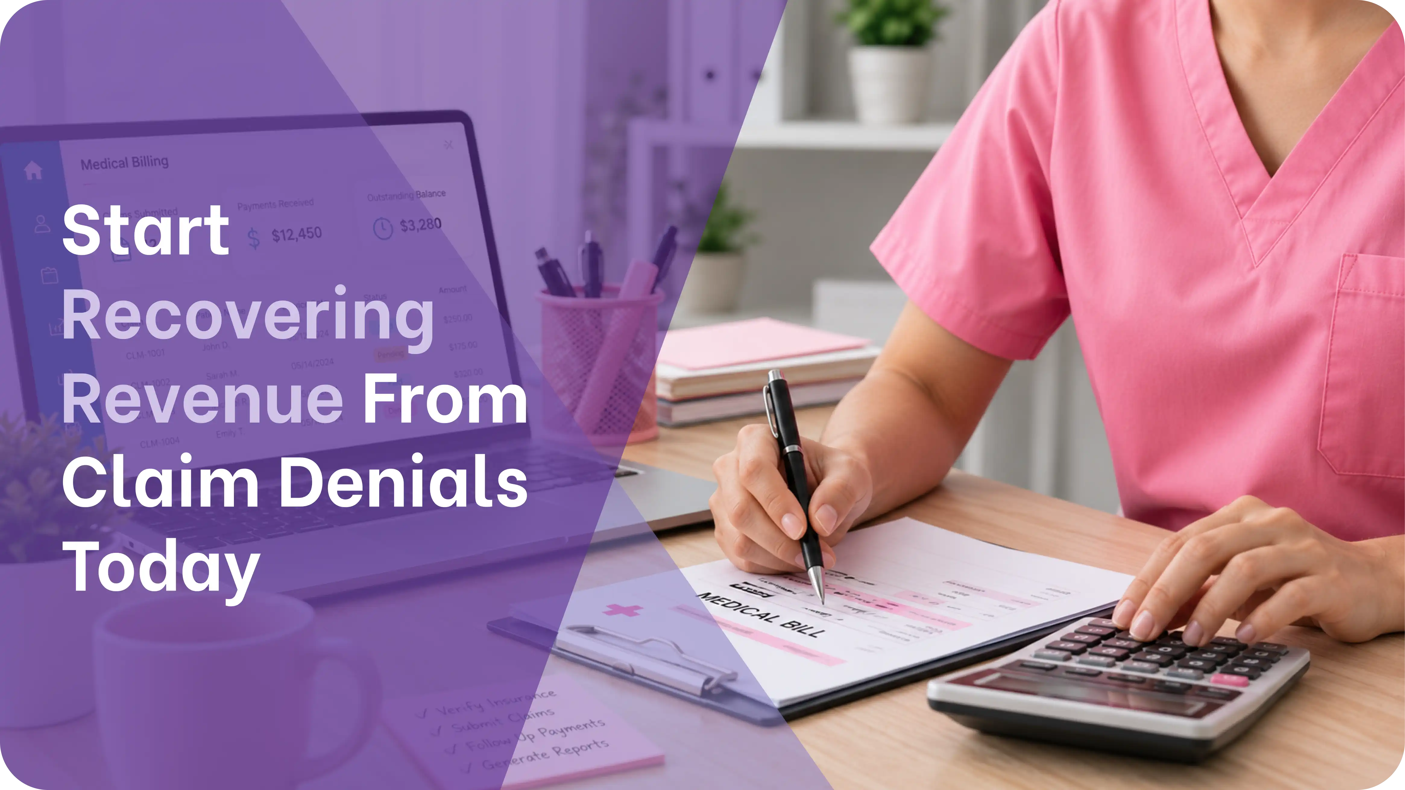 Healthcare professional in pink scrubs writing notes on a medical bill next to a laptop showing a medical billing dashboard with outstanding claim balances for denial management and revenue recovery