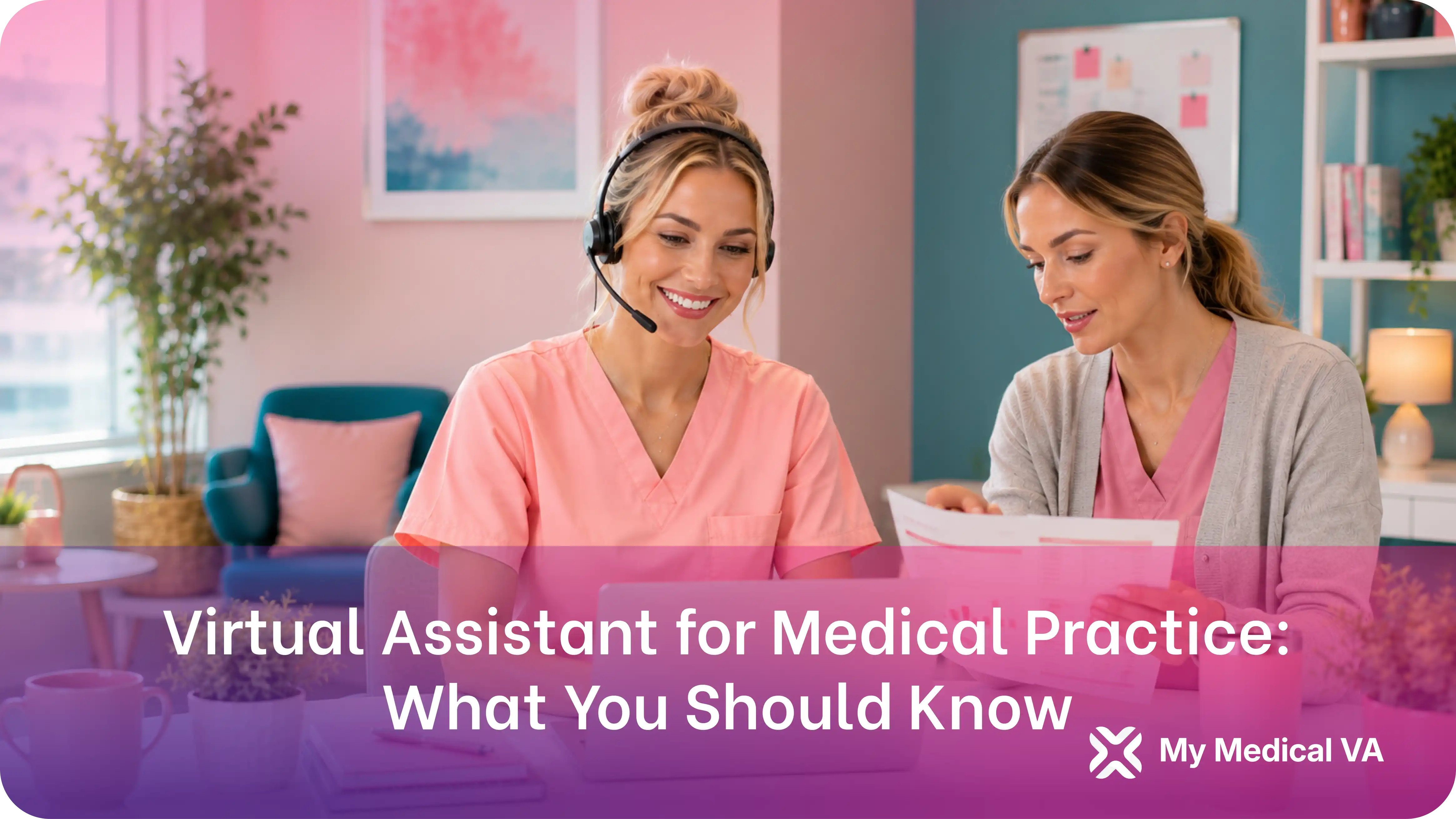 Virtual assistant wearing a headset sitting alongside a medical practice staff member to review patient documents and deliver dedicated remote admin support