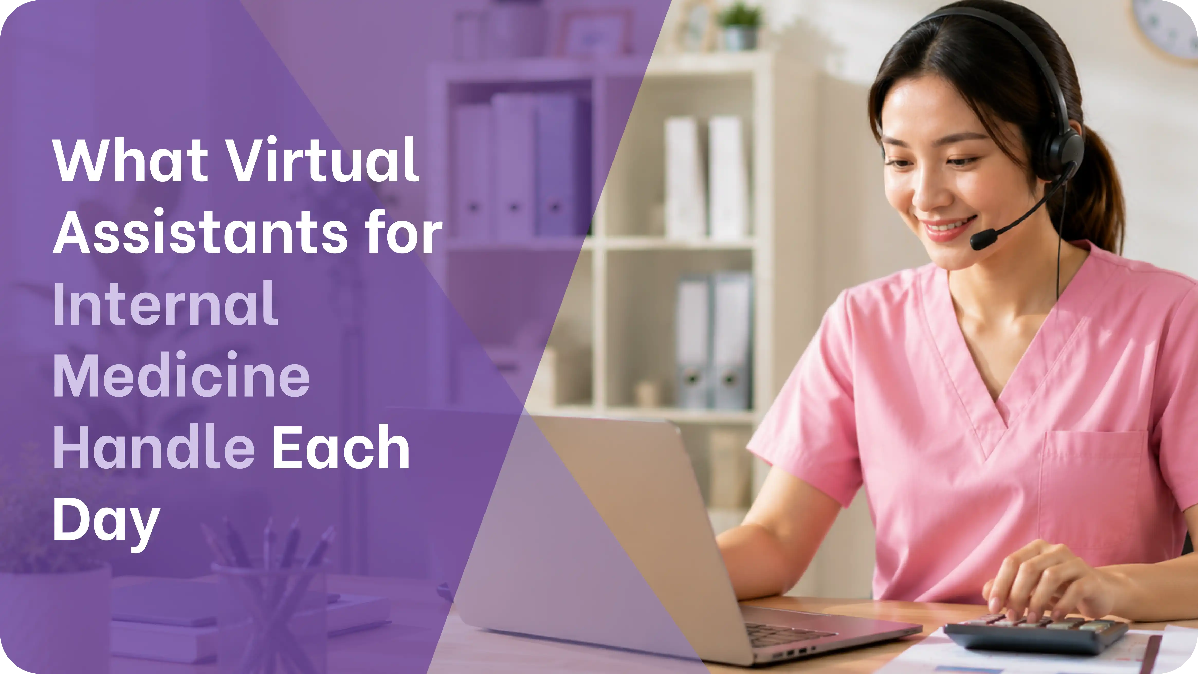 Smiling remote virtual assistant in pink scrubs wearing a headset while working on a laptop providing daily admin support for an internal medicine practice