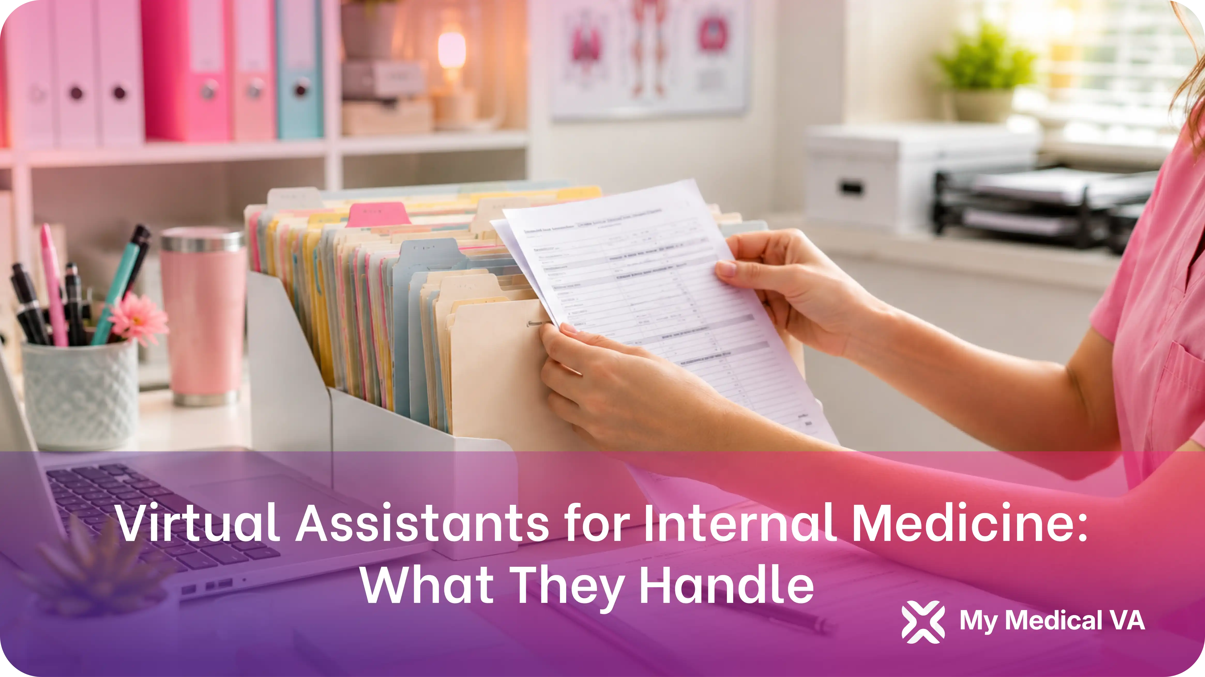 Medical admin staff member in pink scrubs pulling a patient document from a color-coded file organizer to manage records and paperwork for an internal medicine practice