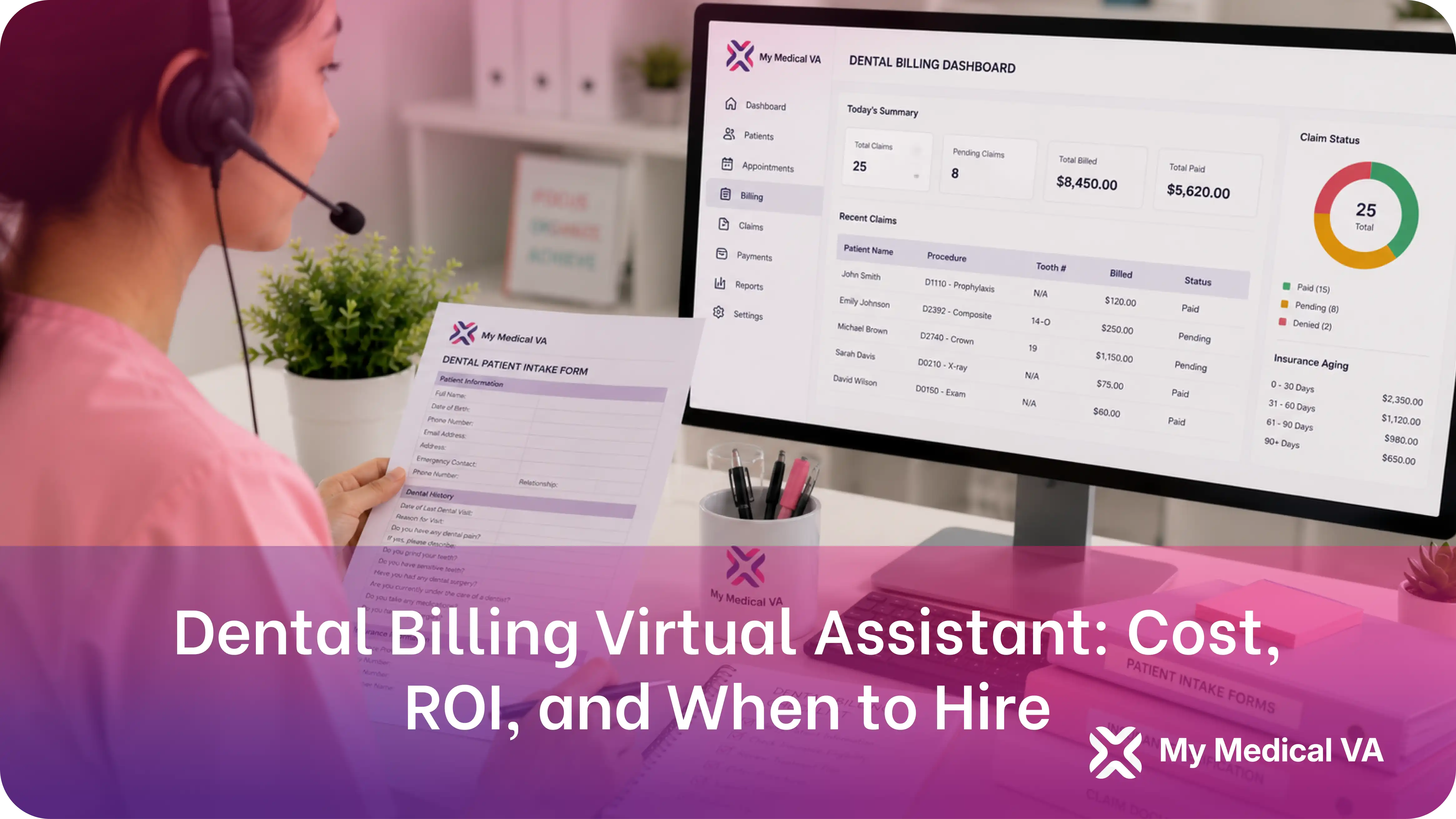 a dental billing virtual assistant wearing a headset reviewing a dental patient intake form alongside a billing dashboard showing total claims, pending claims, and insurance aging summaries.