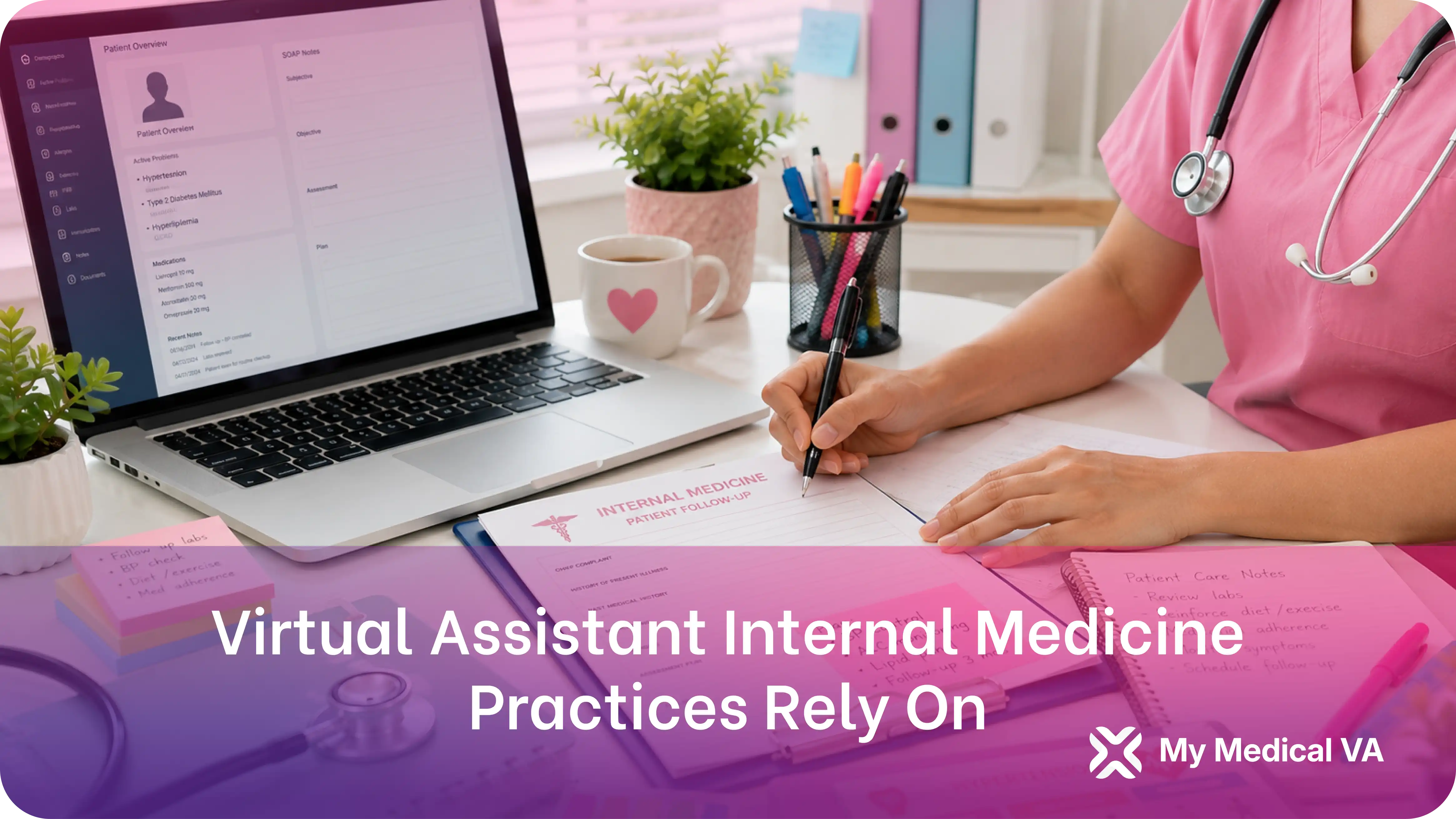 an image of a medical virtual assistant in pink scrubs writing on an internal medicine patient follow-up form beside a laptop showing a chronic care patient overview with active conditions and medications.