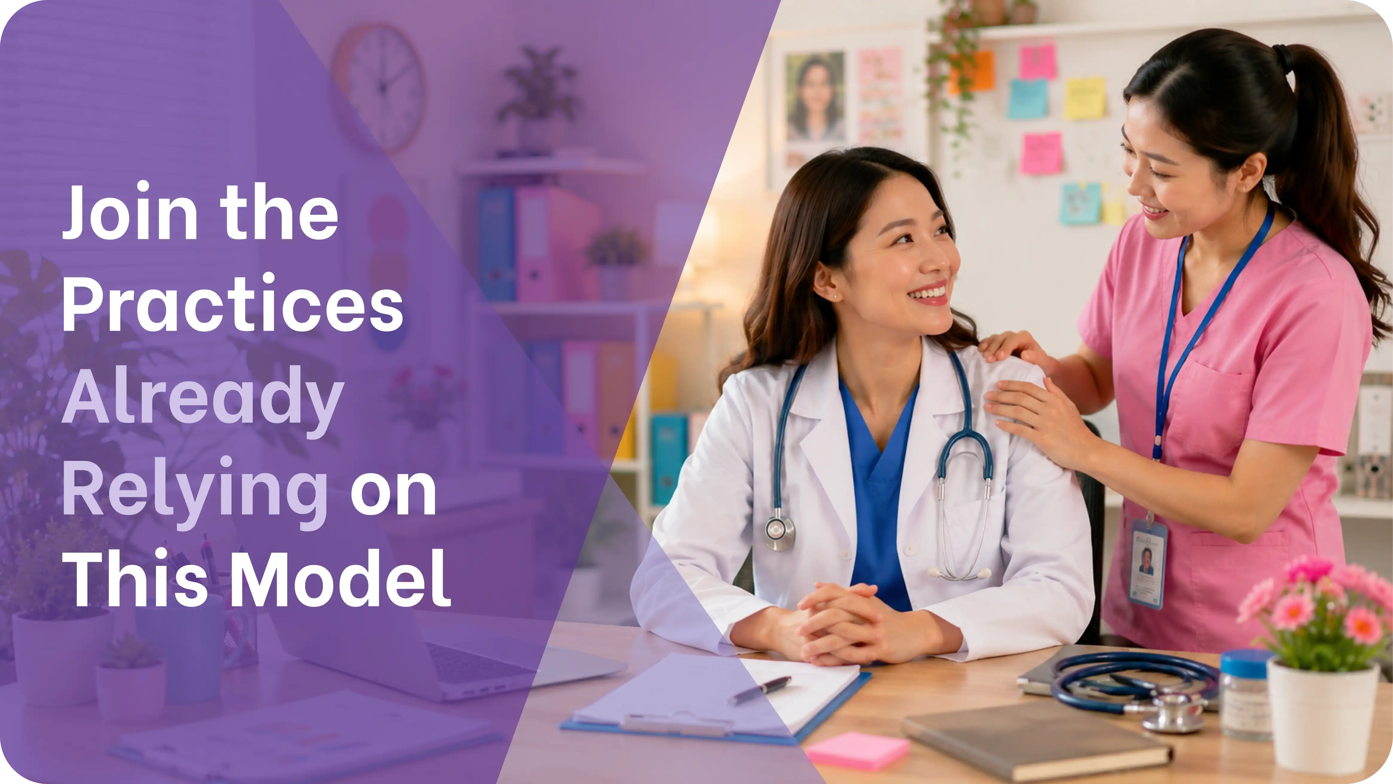 an image of internist in a white coat seated at a desk while a medical virtual assistant in pink scrubs provides dedicated admin support representing the remote staffing model internal medicine practices rely on by My Medical VA.