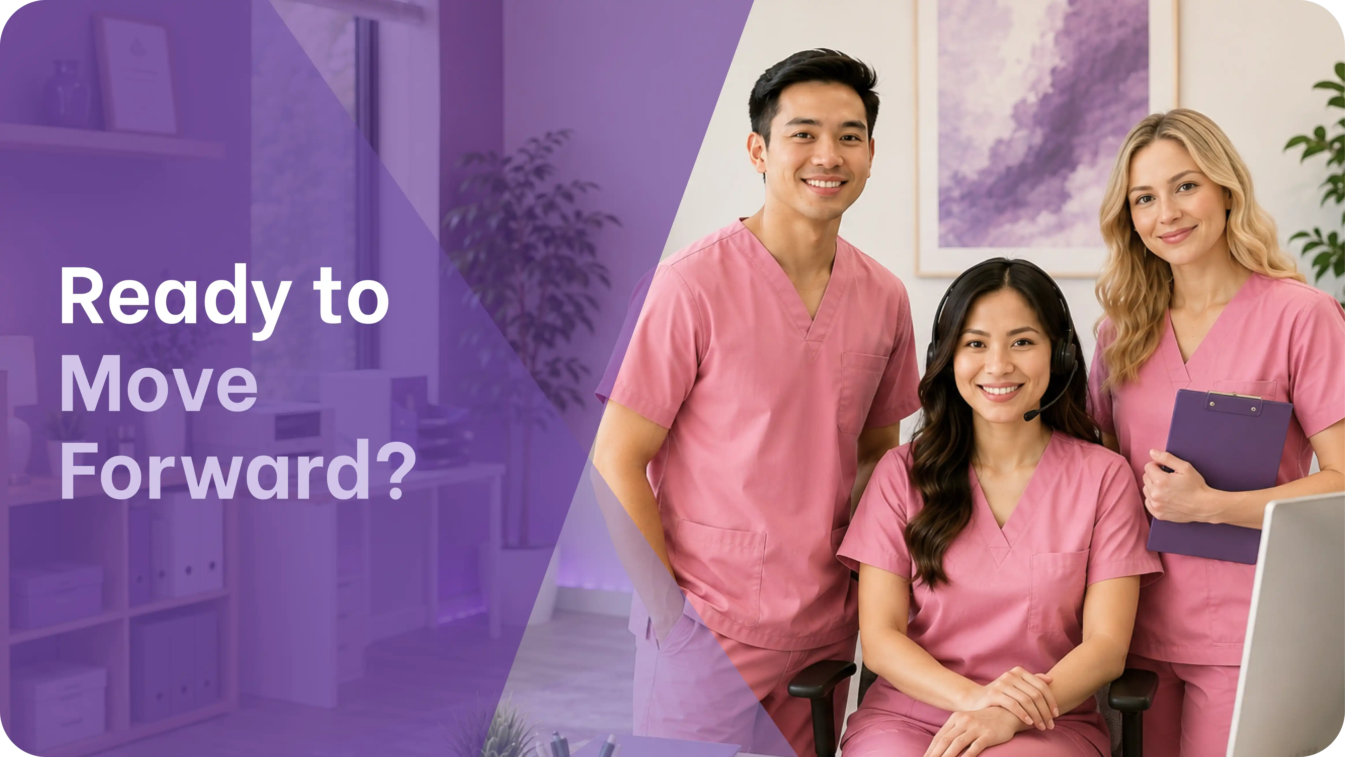 three smiling remote medical virtual assistants in pink scrubs posing together representing the dedicated offshore admin staffing model available to internists through My Medical VA.