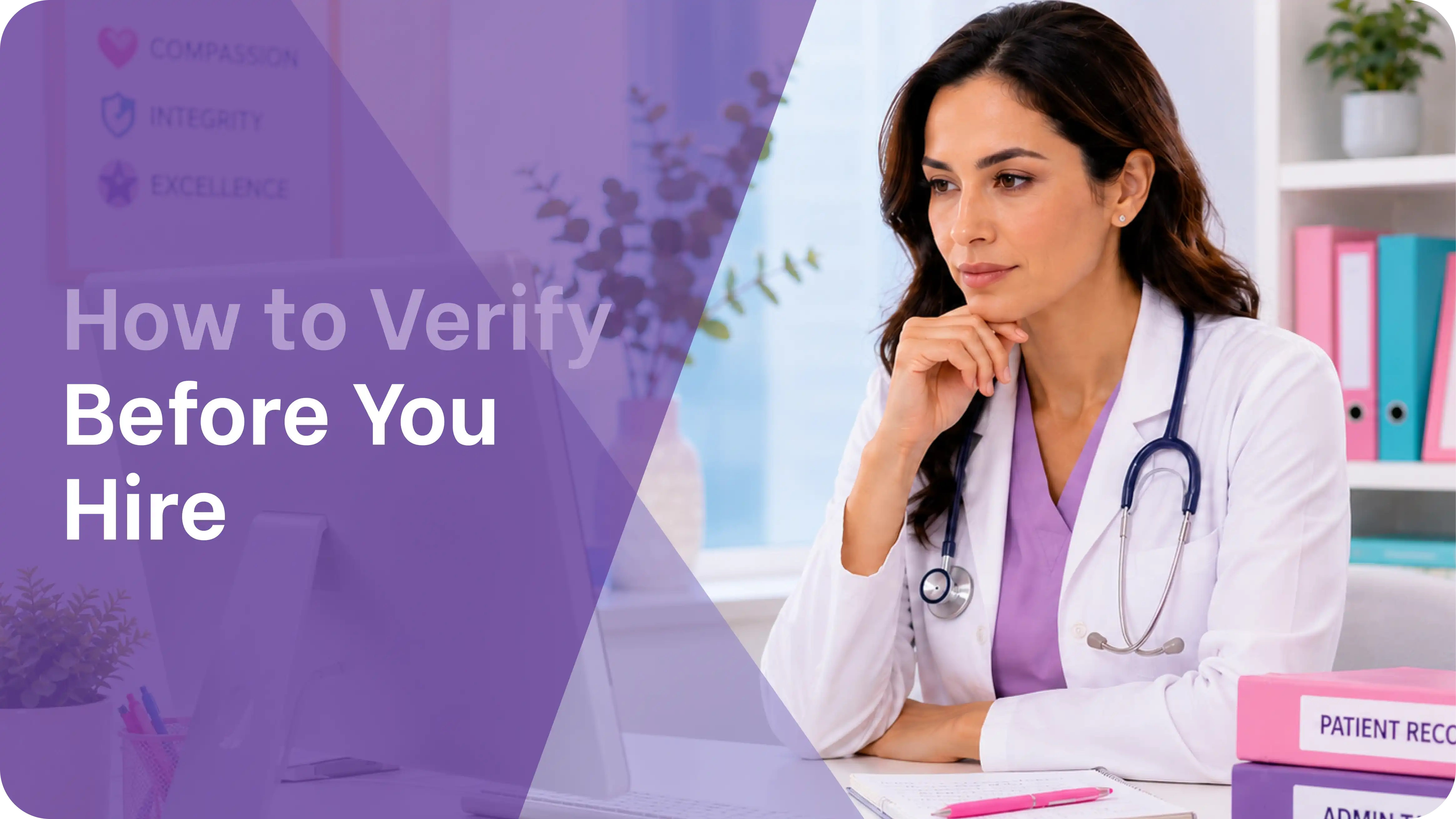 a doctor thoughtfully reviewing her screen to verify credentials before hiring a hipaa compliant admin assistant