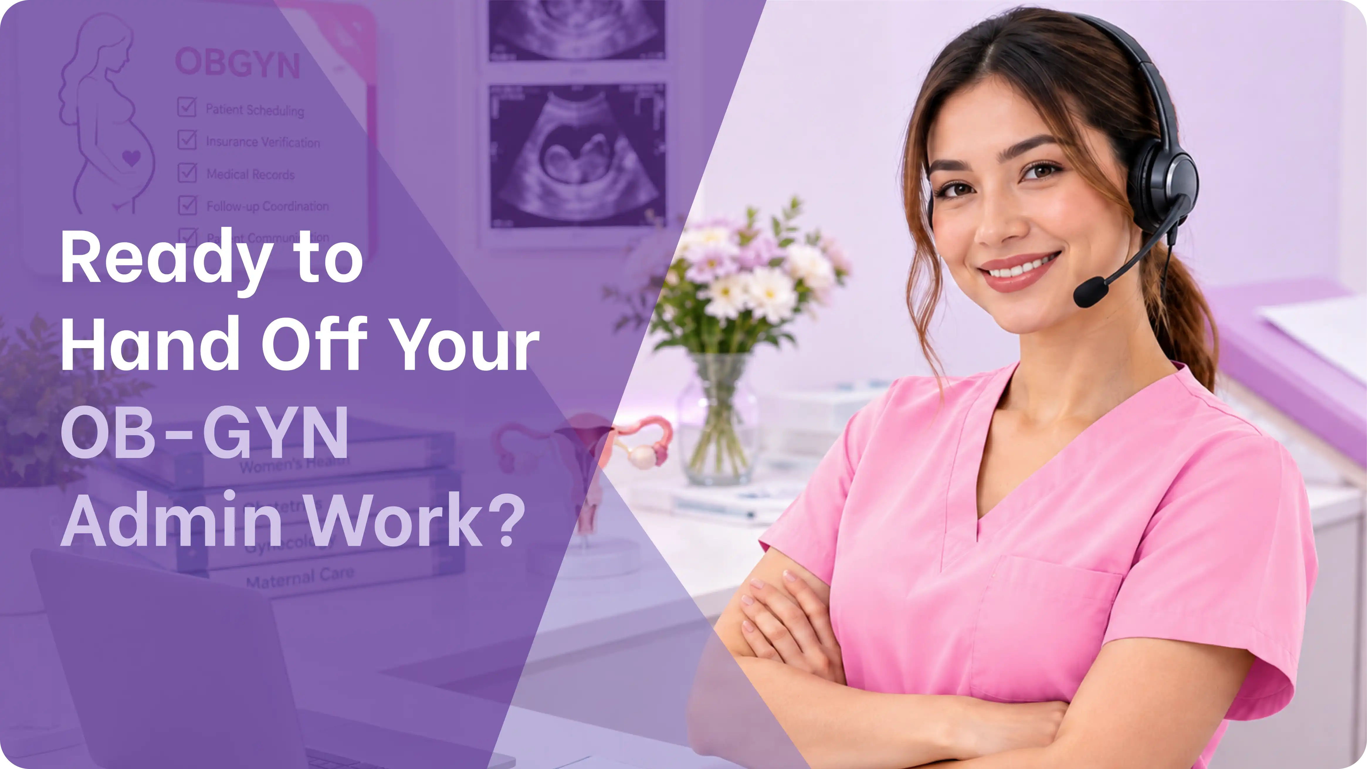 an image of a medical virtual assistant standing with arms crossed in an OB-GYN office