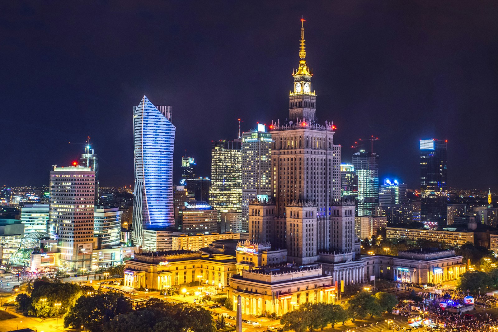 Warsaw city skyline at night