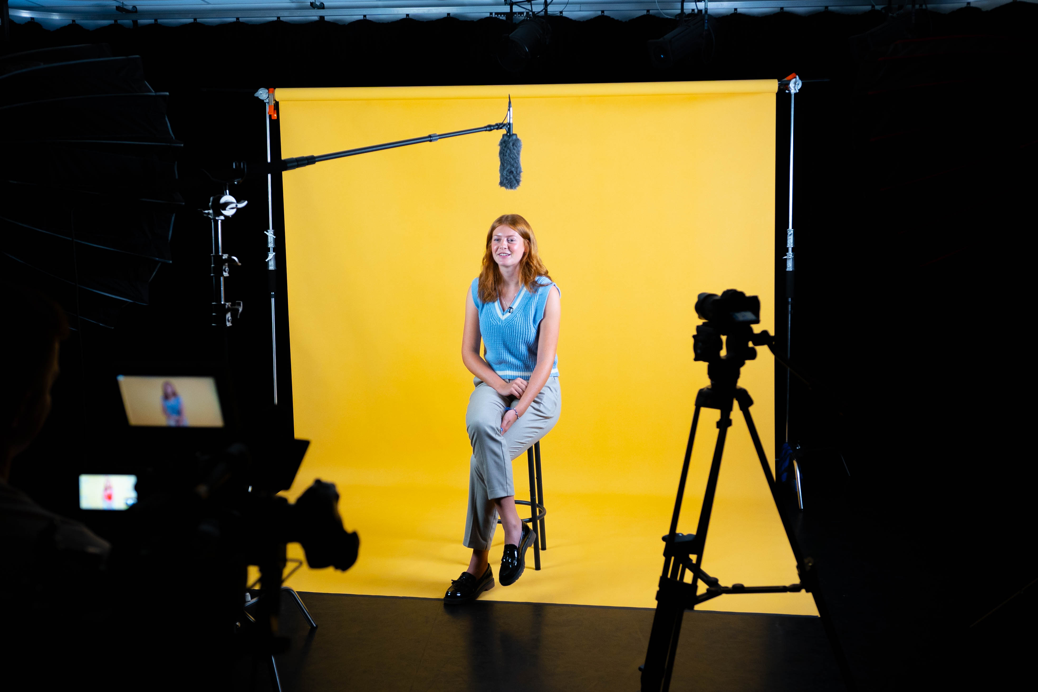 Pupil interview being filmed by Feel Good Films during a school video production.