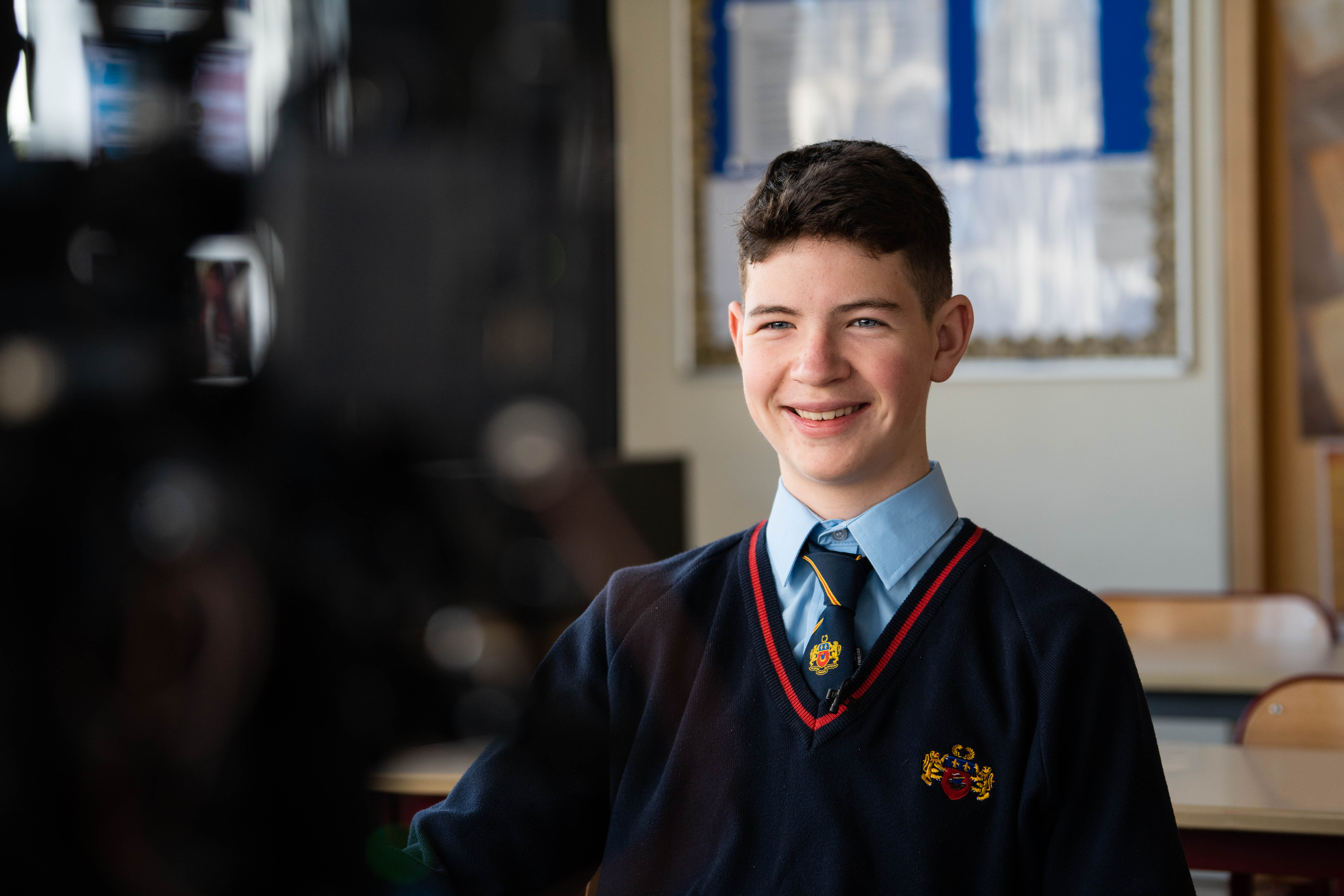Pupil interview being filmed by Feel Good Films during a school video production.