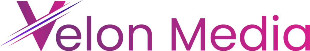 Velon Media logo with stylized letter V in shades of purple and pink.