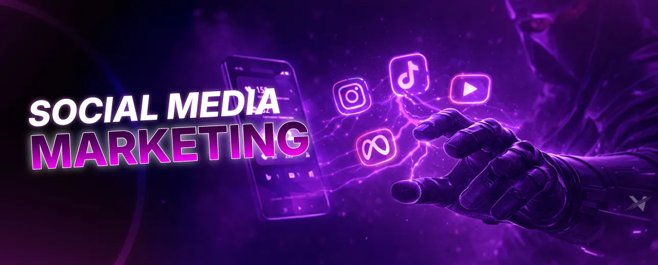 Gloved hand reaching toward floating icons of Instagram, TikTok, YouTube, and Meta with a smartphone, text reading Social Media Marketing in bold purple and white letters.