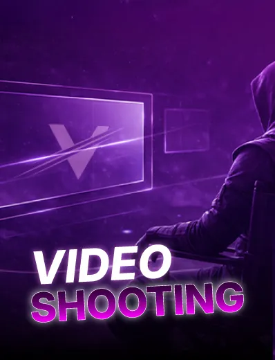 Person in a hooded jacket sitting in a chair facing multiple floating digital screens with the text 'VIDEO SHOOTING' in bold white and purple letters.