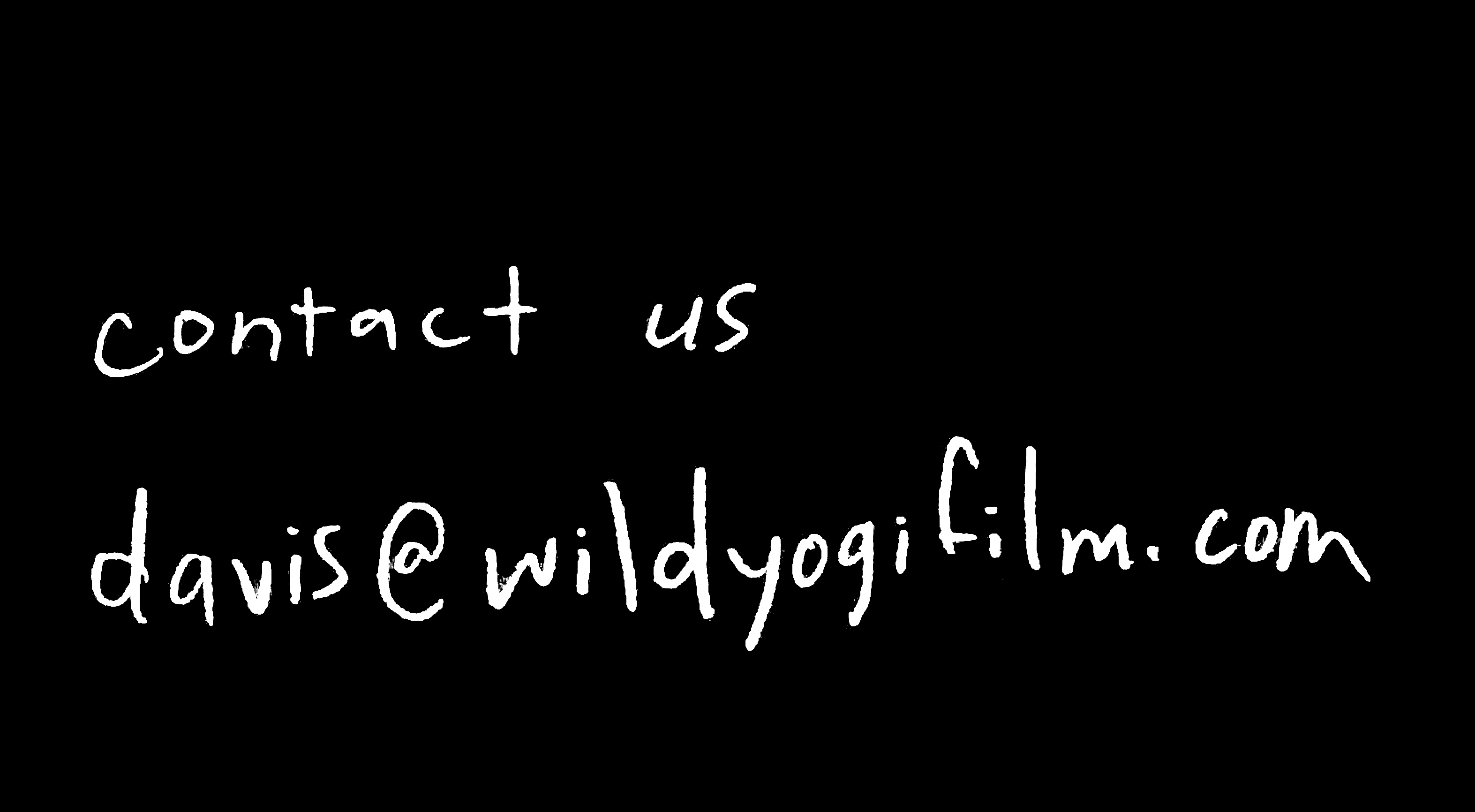 Handwritten white text on black background reading 'contact us davis@wildyogifilm.com'.
