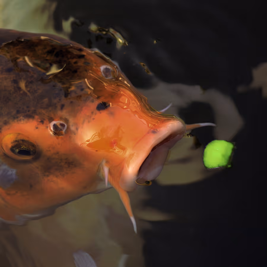 Nahaufnahme eines Karpfenfischs mit geöffnetem Maul, der grünes Futter im Wasser anvisiert.