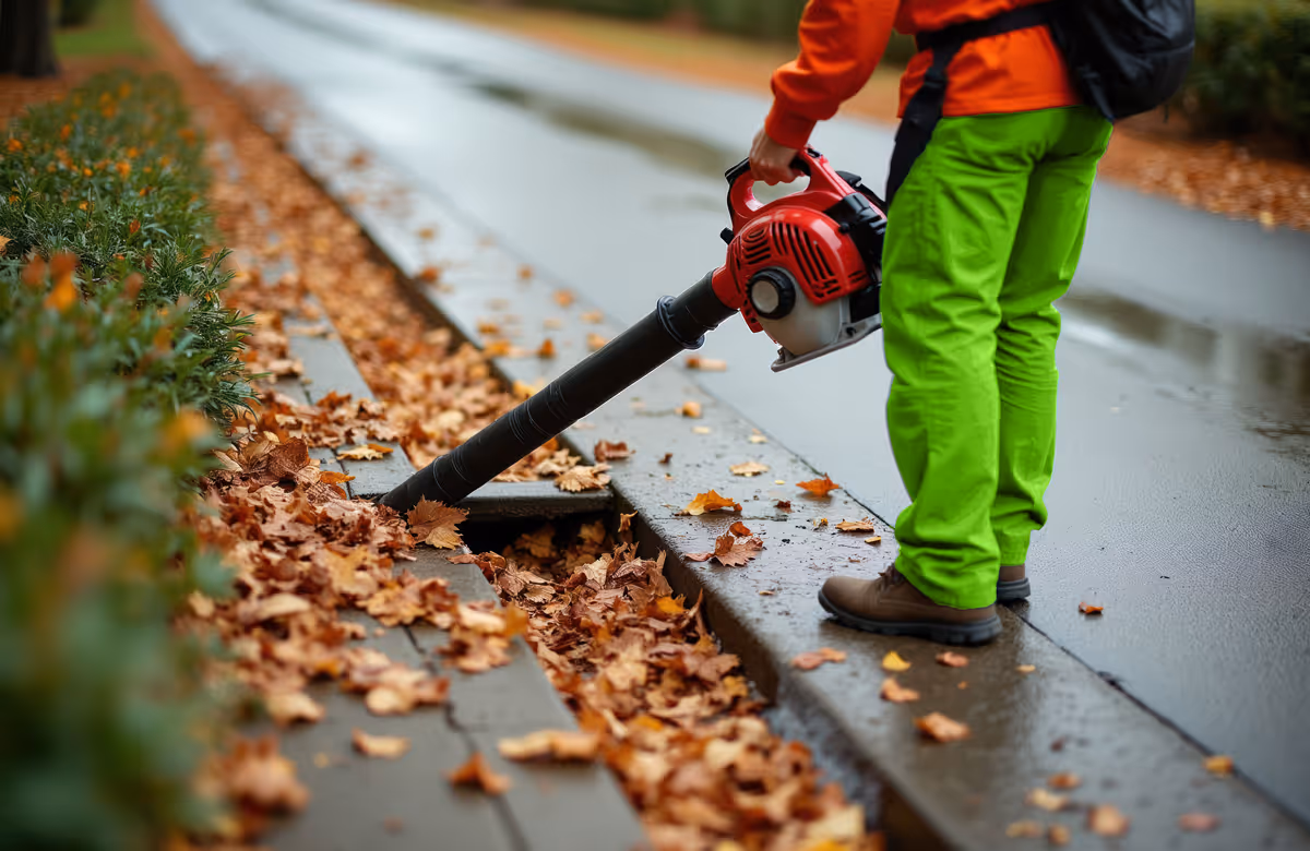 Person bläst mit roten Laubbläsern nasses Herbstlaub vom Straßenrand in den Gully.