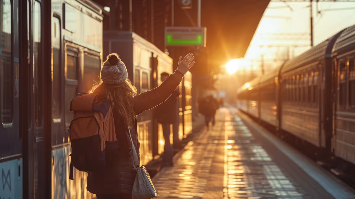 Frau mit Rucksack winkt am Bahnsteig bei Sonnenuntergang neben einem stehenden Zug.