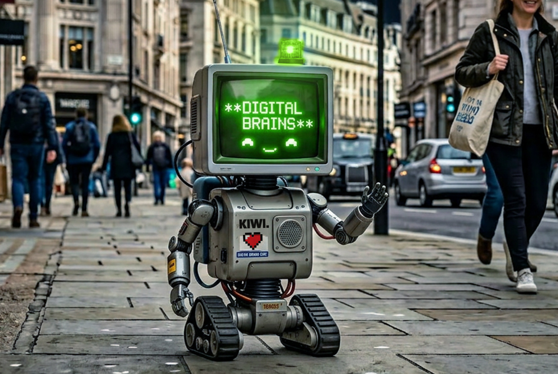 Kleiner Roboter mit Fernseher als Kopf zeigt 'DIGITAL BRAINS' auf belebtem Bürgersteig in der Stadt.