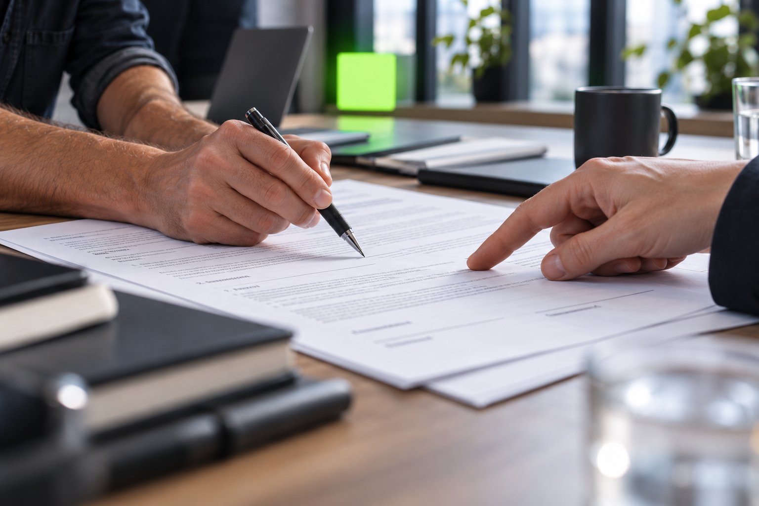 Zwei Personen am Schreibtisch bearbeiten gemeinsam ein Dokument, eine Person hält einen Stift über der Unterschriftslinie, die andere zeigt mit dem Finger darauf.