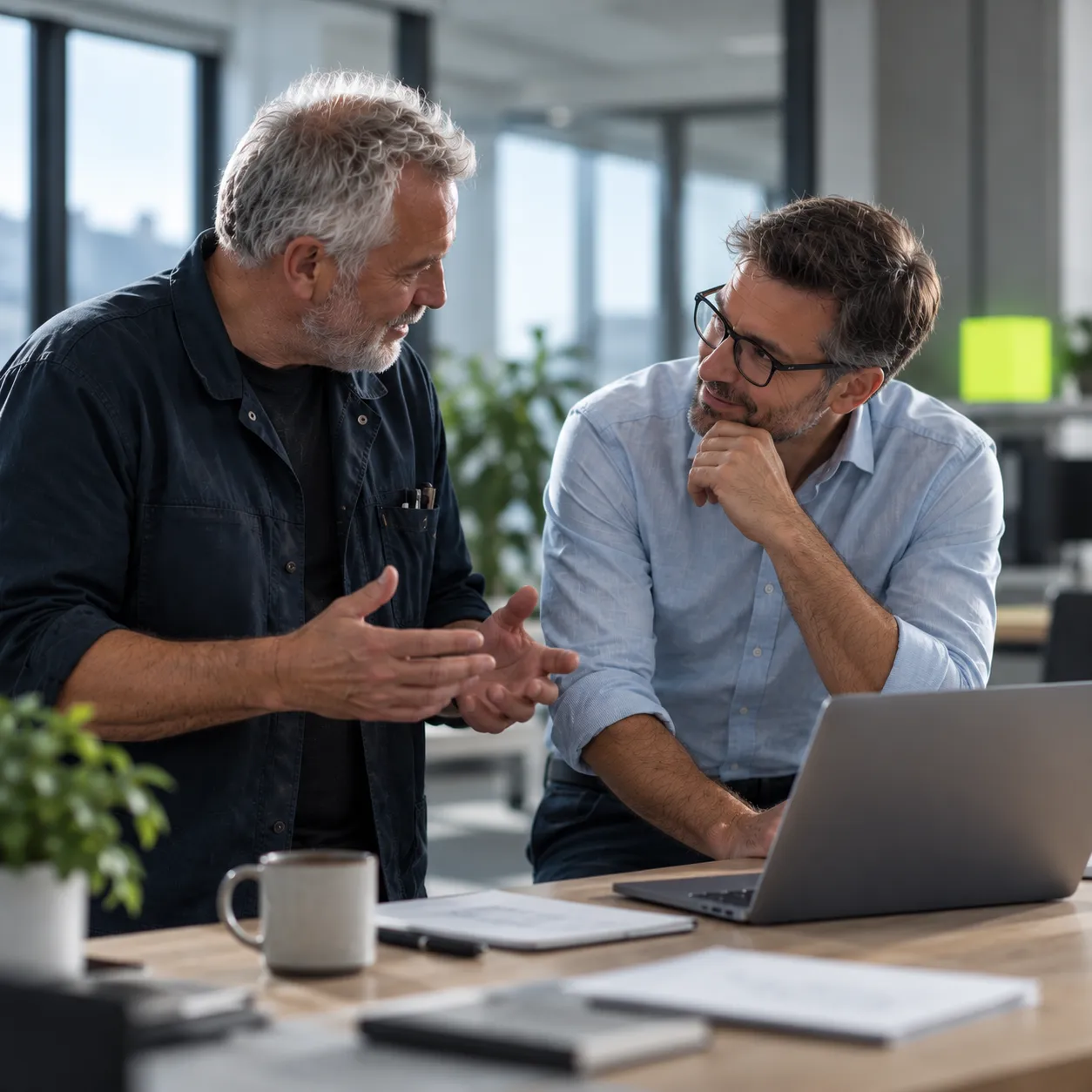 Zwei Männer in einem modernen Büro führen ein Gespräch, während einer am Laptop arbeitet und der andere mit gestikulierenden Händen spricht.