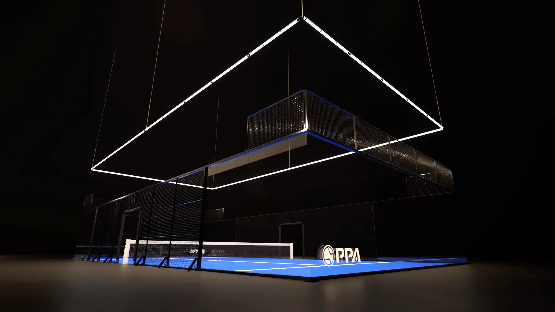 Illuminated padel tennis court with blue floor, black mesh fencing, and rectangular overhead LED lights in a dark environment.