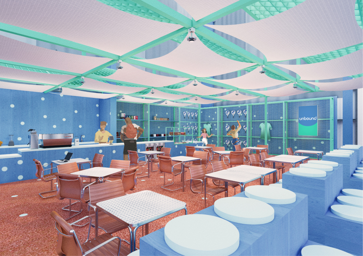 Unbound padel cafe and shop overlooking padel courts