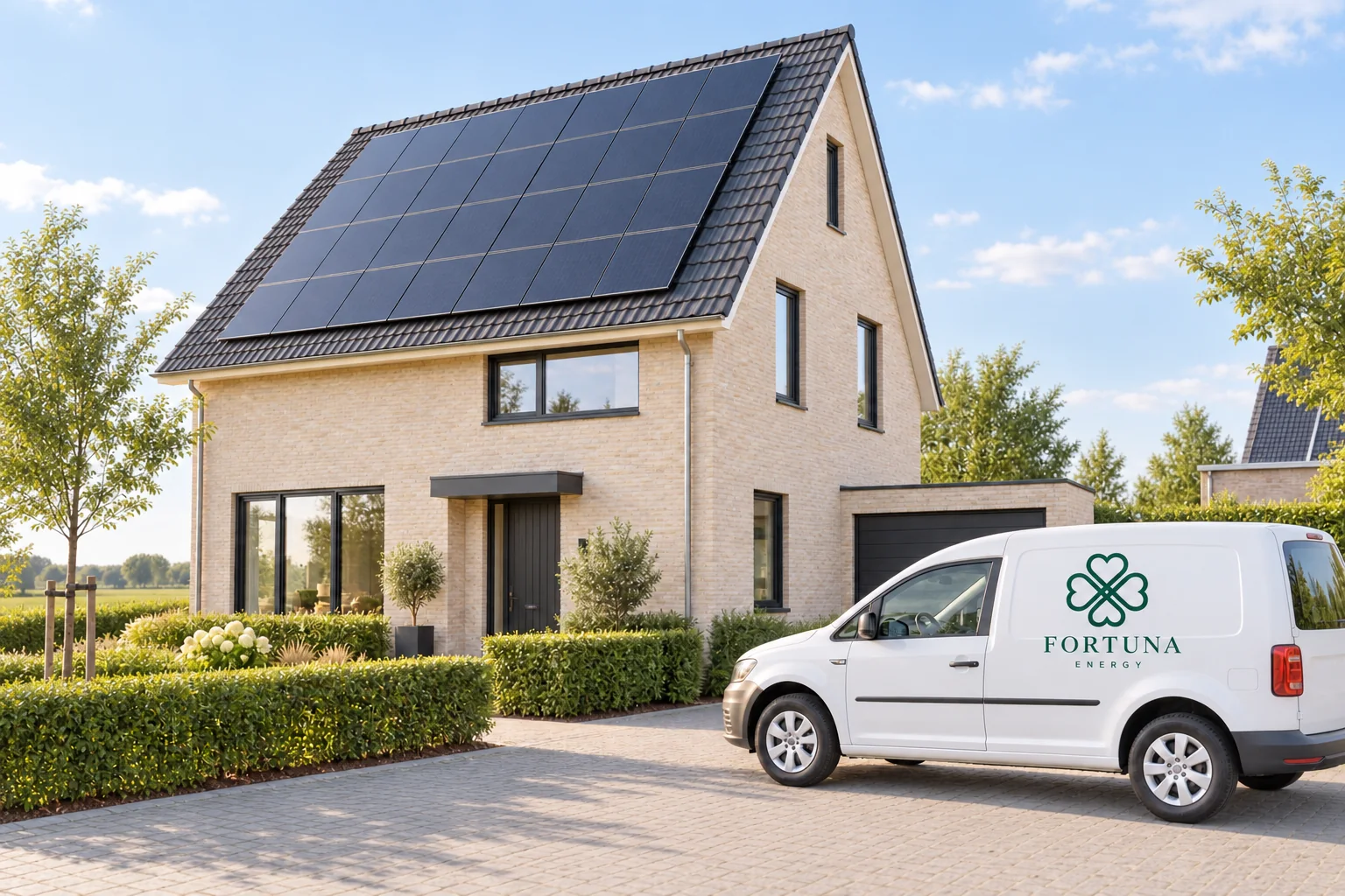 Illustrative home with solar panels and Fortuna Energy service vehicle