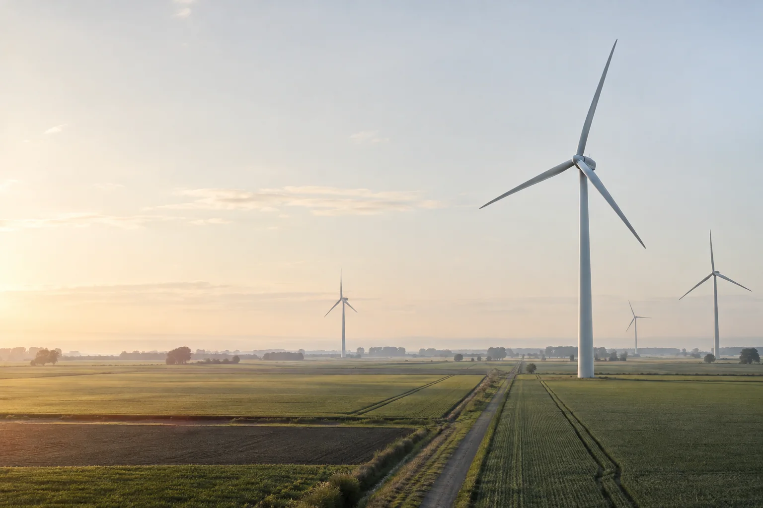 Illustrative wind-energy landscape in morning light