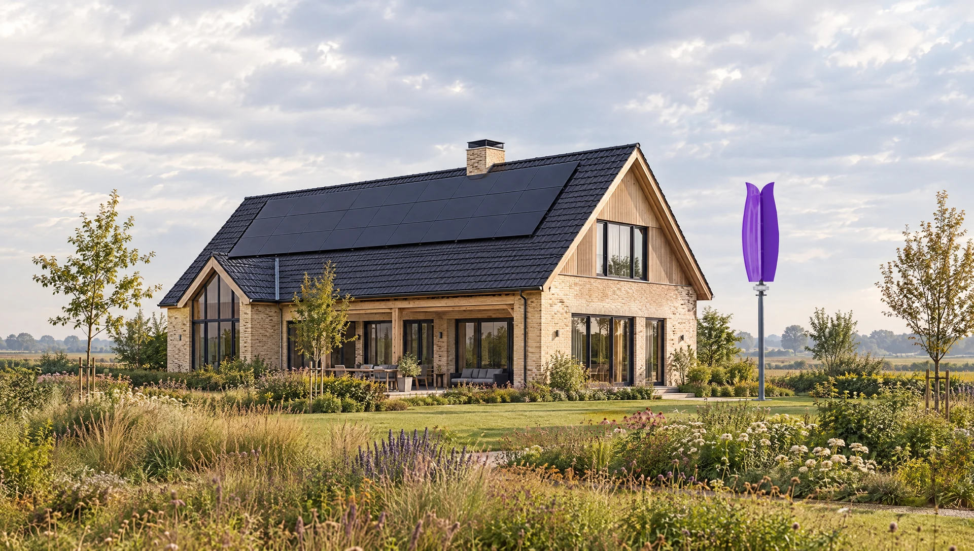 Concept: a Dutch home with Nederlands Tulp and solar panels.