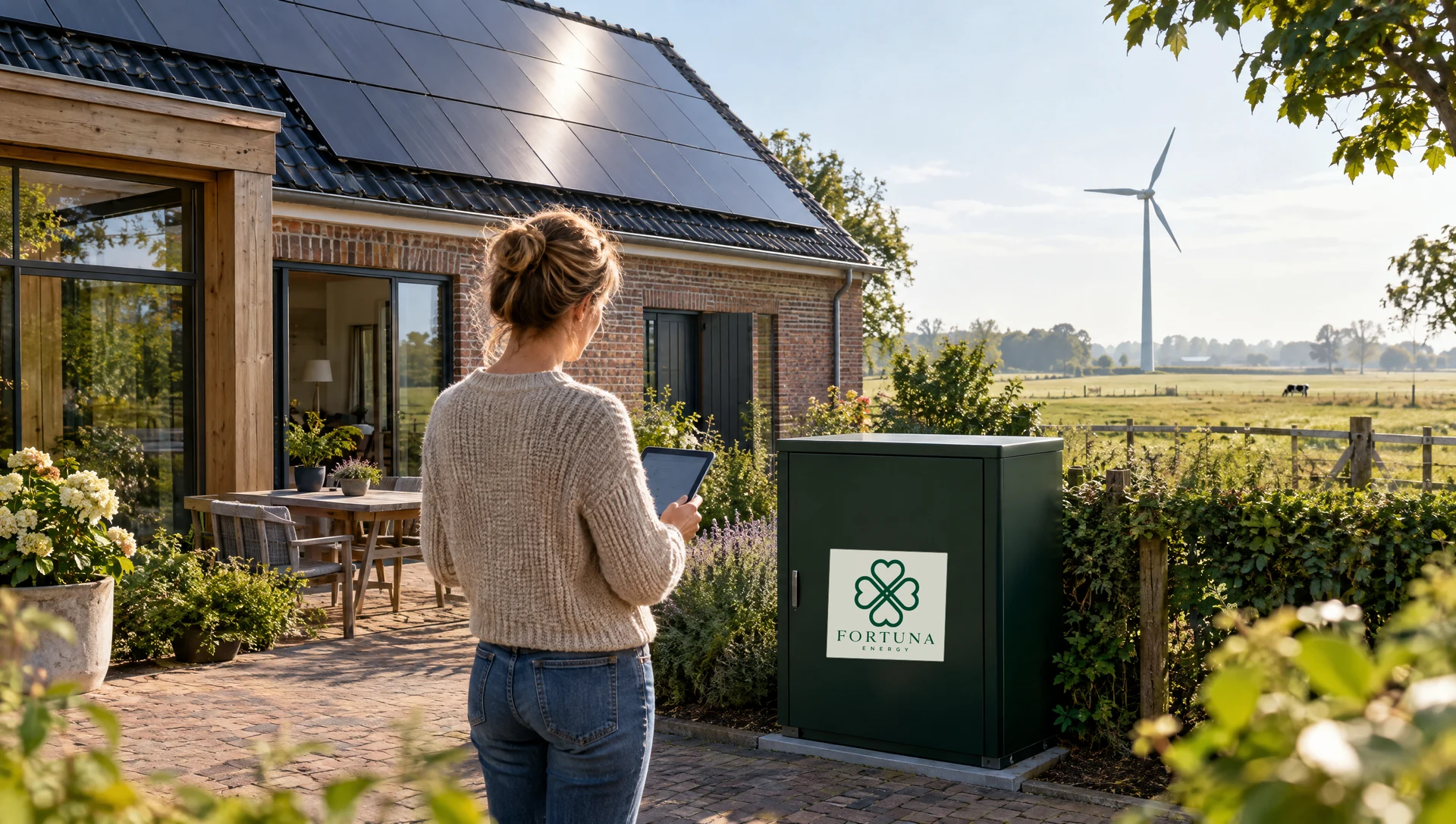 Solar panels on a home with a Fortuna Energy service vehicle; illustrative image.