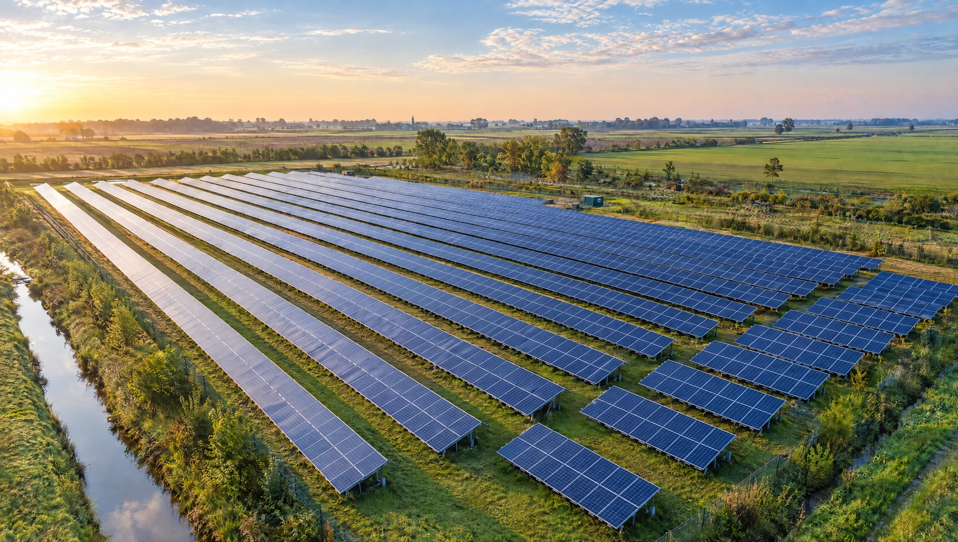 Concept solar farm with panel rows and service paths in a Dutch landscape.